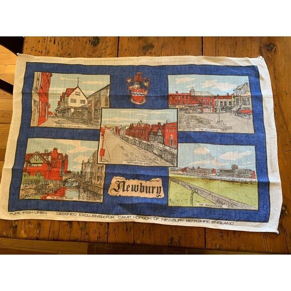 Vintage Irish Linen Tea Dish Towel "Newbury Landmarks" Made Exclusively for Camp - Picture 1 of 8